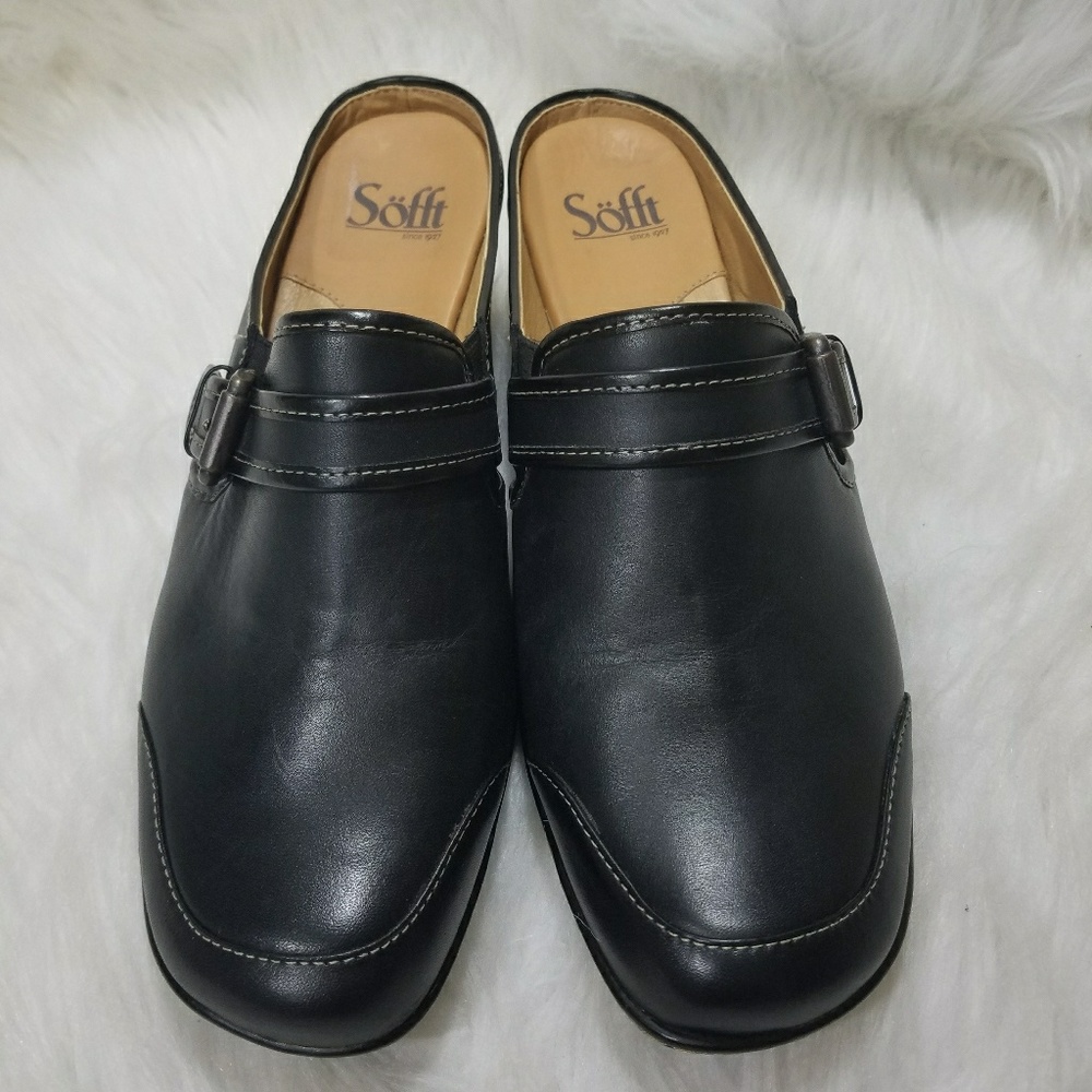 Sofft Black Leather Wedge Clogs Mules
